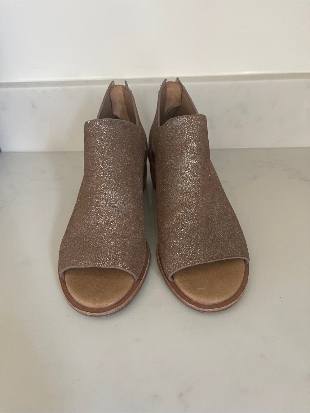 Sofft Glitter Open-Toe Bootie in Taupe